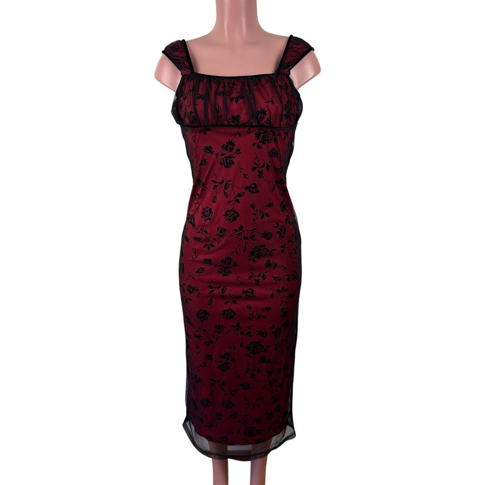 Jody California USA vintage dress red black floral mesh lace whimsygoth 90s